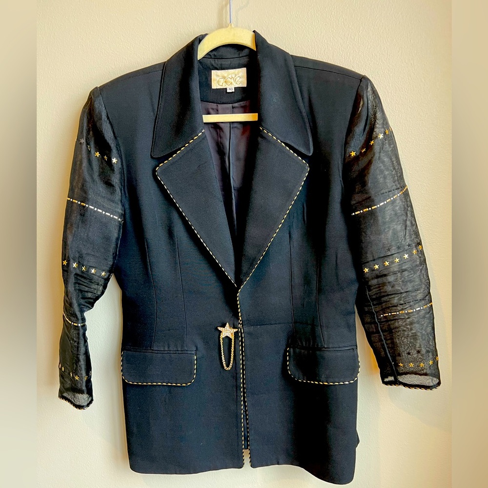 Solini Vintage Black Blazer with Star and Night Details, Size 10